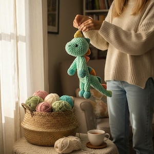 May include: A handmade, light green crochet dinosaur toy with blue and orange accents. The dinosaur is being held up in front of a window. A basket of yarn in various colors sits on a table, along with a cup of tea.