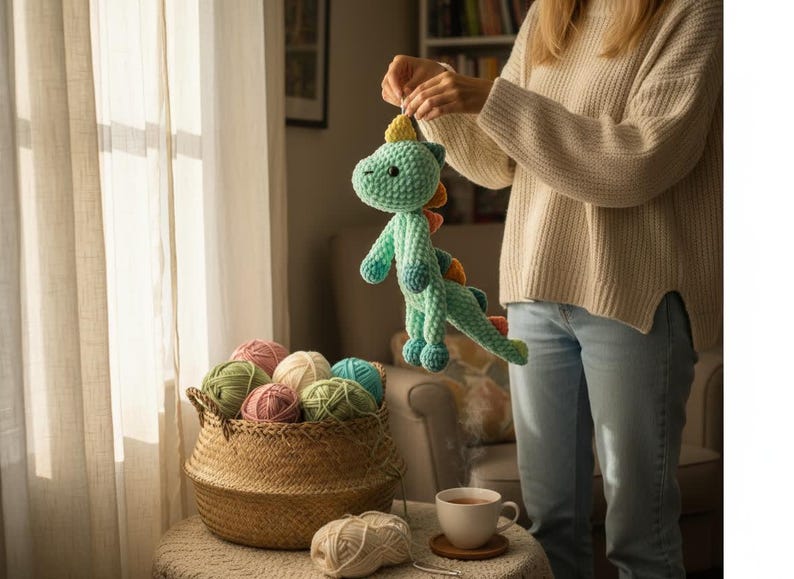 May include: A handmade, light green crochet dinosaur toy with blue and orange accents. The dinosaur is being held up in front of a window. A basket of yarn in various colors sits on a table, along with a cup of tea.