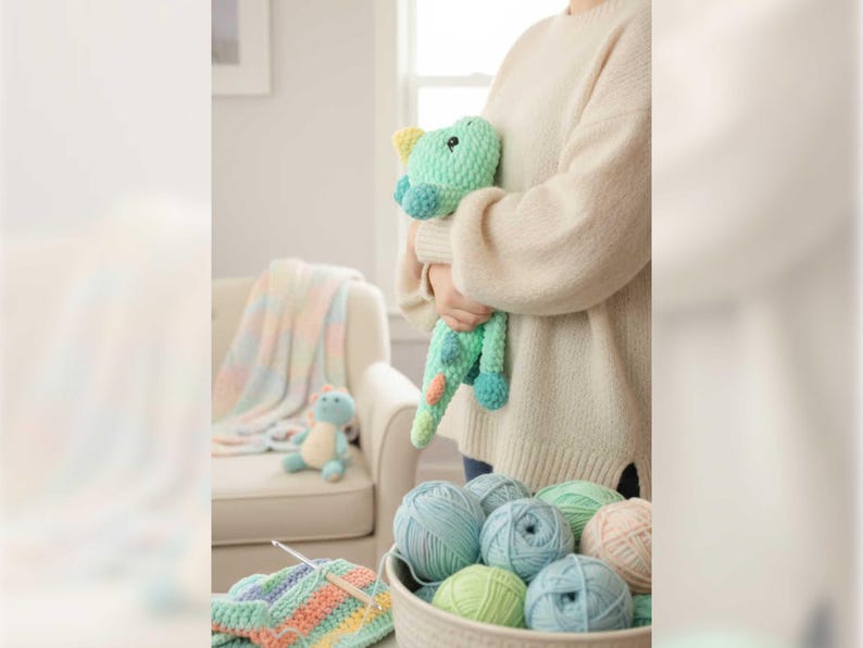 May include: A crocheted dinosaur toy in shades of green, blue, and yellow is held by a person. A basket of yarn in various pastel colors sits in the foreground, along with a crocheted blanket and a small stuffed animal.