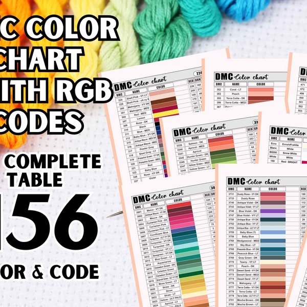 DMC Color Charts with 456 Colors and RGB Codes Digital Download Printable DMC Chart Instant Cross Stitch Floss Thread Color Sample Chart Pdf