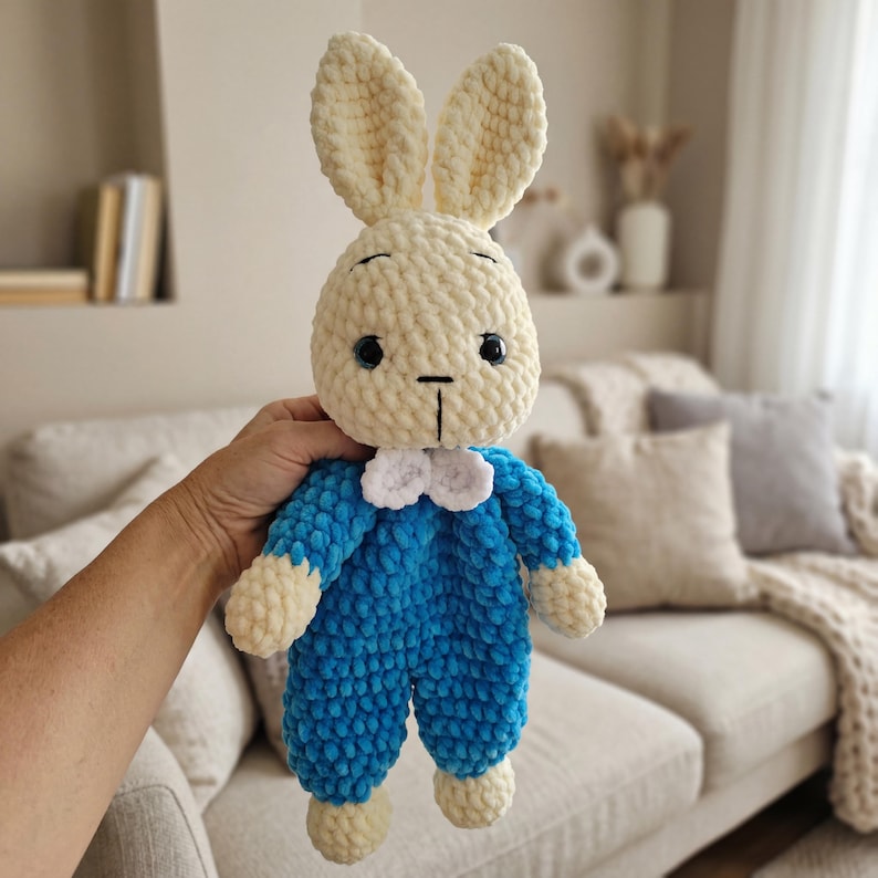 Virkmönster till Bluebell Bunny Lovey, platt plyschkanin, amigurumi PDF, enkelt digitalt plyschmönster, amerikanska termer, självsäker nybörjare bild 7