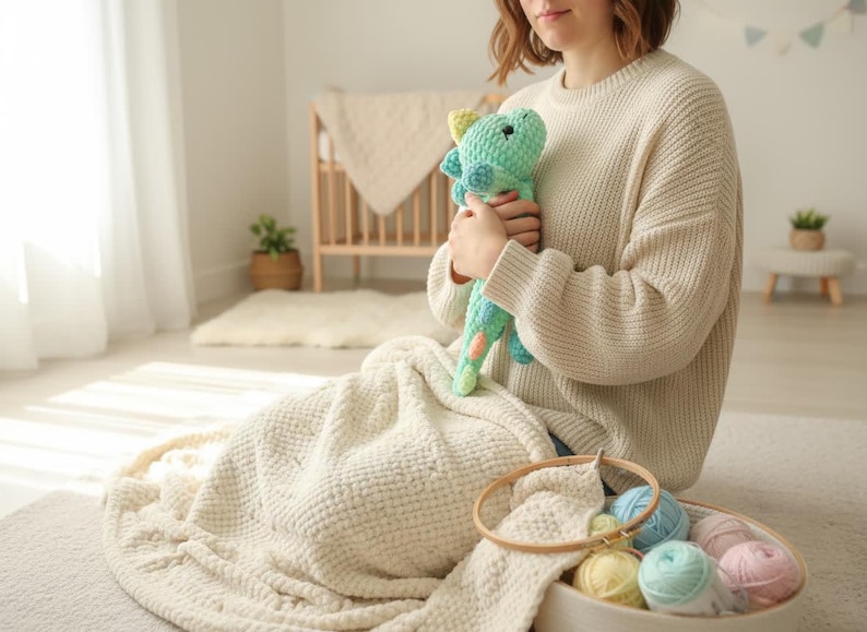 May include: A person holding a crocheted dinosaur toy. The toy is primarily turquoise with yellow and orange accents. A basket with yarn in various pastel colors and a wooden embroidery hoop are in the foreground. A cream-colored blanket and sweater are also visible.