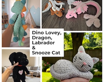 Fan Favorites 4in1 Crochet Bundle | Dino Lovey + Sleeping Cat + Labrador Lovey + Dragon | 4 PDF Patterns
