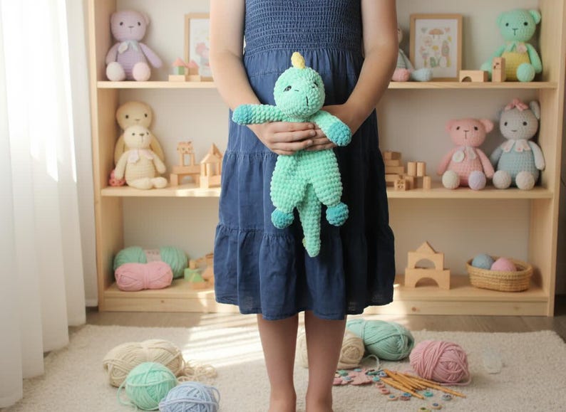 May include: A child holds a handmade, turquoise crochet dinosaur toy with blue accents. The background features a wooden shelf filled with other crochet toys, yarn, and wooden blocks. The scene suggests a craft or children's theme.
