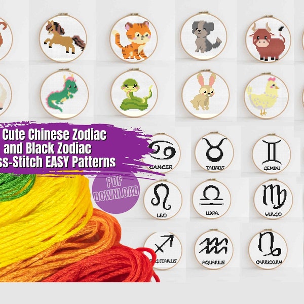 Easy Zodiac BUNDLE Counted Cross Stitch Pattern 2-7 Colors - 12 Black Zodiac and 12 Cute Chinese Zodiac Cross-Stitch Patterns Printable  Pdf