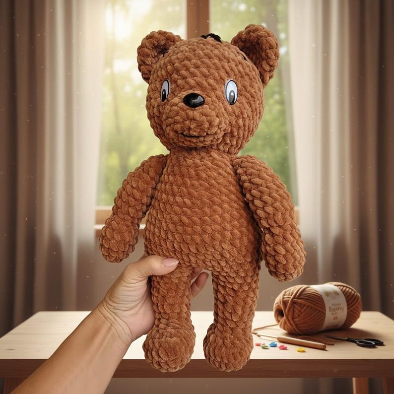 May include: A handmade brown teddy bear with a smiling face and small black eyes. The bear is made of a soft, textured material and is being held up by a person's hand. A ball of yarn and craft supplies are on a wooden table.