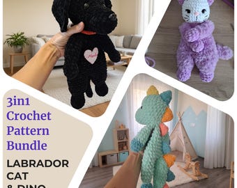 3in1 Lovey Crochet Bundle | Dino Lovey + Black Labrador Lovey + Kitty Lovey | PDF