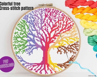 Colorful Tree Counted Cross Stitch Pattern PDF Colorful Tree Cross Stitch Chart Hoop Art Embroidery Digital Download Tree of Life Flower Art