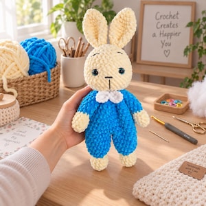 Virkmönster till Bluebell Bunny Lovey, platt plyschkanin, amigurumi PDF, enkelt digitalt plyschmönster, amerikanska termer, självsäker nybörjare bild 6
