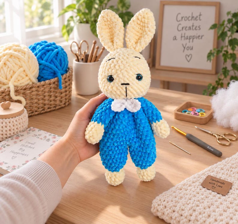 Virkmönster till Bluebell Bunny Lovey, platt plyschkanin, amigurumi PDF, enkelt digitalt plyschmönster, amerikanska termer, självsäker nybörjare bild 6