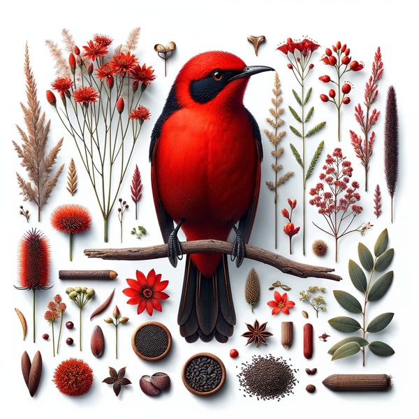 Scarlet Honeyeater Plant and Seed Collection Digital Print - Instant Download Wall Art - Home Decor - Australian Native Birds - Red