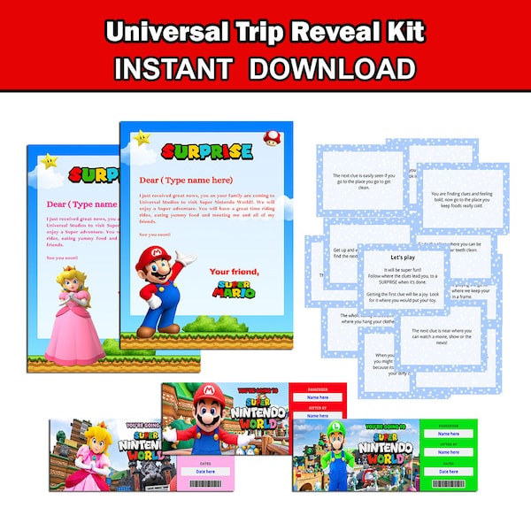 Surprise Trip Reveal kit.  Letters, Scavenger Hunt, Tickets from Mario