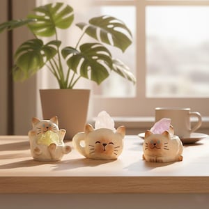 May include: Three cream-coloured ceramic cat figurines, each holding a crystal. The cats have black whiskers and blue eyes. One holds a yellow crystal, another a white crystal, and the third a pink crystal. A potted plant and a coffee cup are in the background.