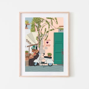May include: A white vintage scooter parked in front of a pink building with a green door. The building has a vine growing up the side and a small heart-shaped decoration on the wall. There are crates and plants in front of the scooter.