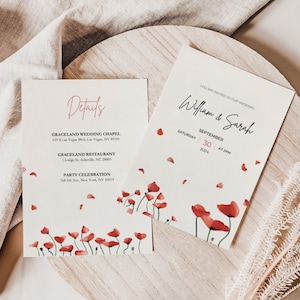 Biglietto d'invito con fiori e papaveri, invita al matrimonio. Boho, Minimalista Moderno, Ringraziamento per Matrimonio, modello CANVA