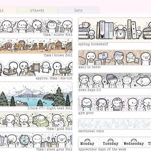 Puede incluir: Una colección de rollos de cinta washi con varios diseños. Los temas incluyen manualidades, otoño, cafés, Columbia Británica, presupuestos, viajes, estanterías, correo, relajación, gimnasio y lluvia emocional. Cada rollo presenta personajes ilustrados y texto.