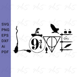May include: Black and white graphic design featuring the word "LOVE" with iconic imagery. Includes a broom, a sorting hat, the number 9 3/4, a triangle, an owl, potion bottles, glasses, a feather, and wands.