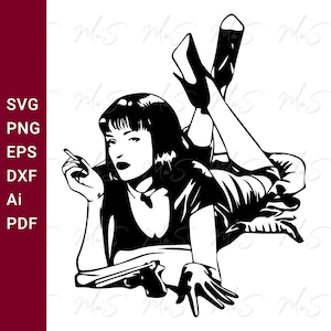 May include: Black and white graphic of a woman reclining, holding a cigarette and a gun. The image is a vector design, with text on the left side indicating file formats: SVG, PNG, EPS, DXF, Ai, and PDF.