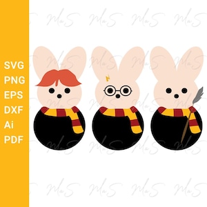 May include: Three pastel pink bunny shaped marshmallow peeps dressed as Harry Potter characters. The first bunny has a red wig and a red and gold scarf. The second bunny has round glasses and a lightning bolt scar on its forehead and a red and gold scarf. The third bunny has a black wand and a red and gold scarf.