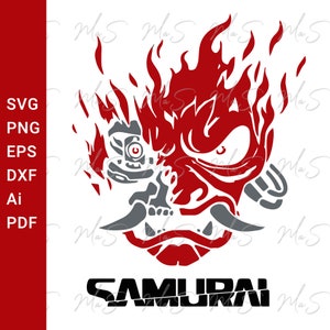 Peut inclure: Une illustration stylisée rouge et grise d'un visage de samouraï avec des flammes derrière. Le texte "SAMURAI" est sous l'image.