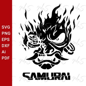 Peut inclure: Illustration en noir et blanc d'un visage de samouraï avec des flammes derrière. Le texte "SAMURAI" est sous l'image.