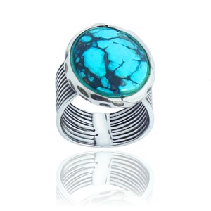 Nature Turquoise Gemstone Ring With the appearance of lines, 925 Sterling Silver Finish Oxidize, One of a kind ring.