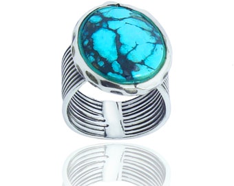 Nature Turquoise Gemstone Ring With the appearance of lines, 925 Sterling Silver Finish Oxidize, One of a kind ring.