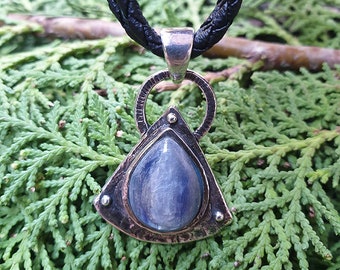 Real Natural Kyanite Gemstone Pendant made with 925 Silver Oxidized, Handmade Jewelry from Thailand.