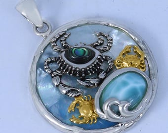 Abalone Mother crab and gold babies crab pendant with White Mother of pearl / Larimar and Abalone, 925 Silver+Rhodium+Flash gold