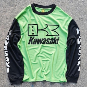 Kawasaki Green and Black Mesh Long Sleeve Unisex Cotton T-shirt, Kawasaki Motorcyclist Street Style Tshirts