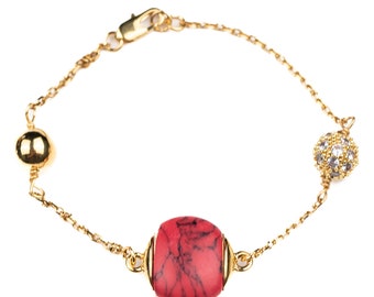 Handcrafted Red Jasper Gemstone Bracelet with Gold-Filled Chain and Pave Crystal Accent - Elegant Boho Chic Jewelry