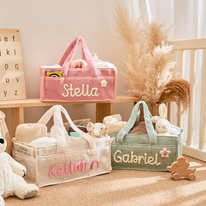 Crochet Plush Baby Organizer Bag Custom – Personalized Name Diaper Caddy, Newborn Welcome Gift, Large Soft Storage Basket with Partitions