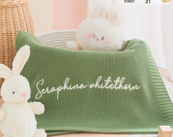 Personalized Cotton Knit Baby Blanket: Custom Name Embroidery