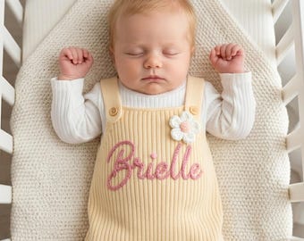 Handmade 3D Embroidered Personalized Baby Romper, Custom Hand-Stitched Name Dungarees, Unique Newborn Toddler Gift, Knitted Keepsake