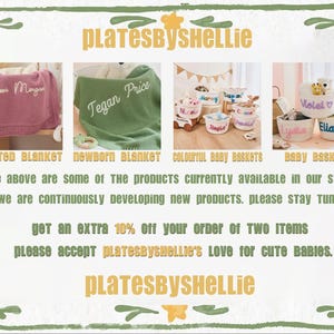 May include: Promotional image for PlatesByShellie, featuring a pink knitted blanket and a green newborn blanket, both personalized with names. Also shown are colorful baby baskets and a baby basket, all with names. The text says "PLATESBYSHELLIE".