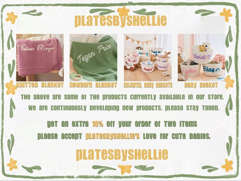 May include: Promotional image for PlatesByShellie, featuring a pink knitted blanket and a green newborn blanket, both personalized with names. Also shown are colorful baby baskets and a baby basket, all with names. The text says "PLATESBYSHELLIE".