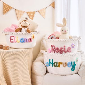 Custom Name Toy Storage Basket for Nursery, Personalized Baby Shower Gift, Colorful Rope Design for Baby Girl or Boy Room Decor