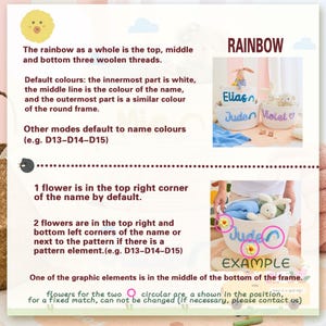May include: Image showing examples of personalized rainbow-themed baskets. The baskets are white with names written on them in various colors. The text on the image explains the design options, including flower placement and color schemes.