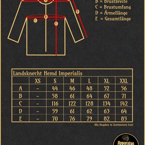 May include: A size chart for a Landsknecht Hemd Imperialis shirt, showing measurements in centimeters for shoulder width, chest width, chest circumference, sleeve length, and total length. The chart includes sizes XS, S, M, L, XL, and XXL.