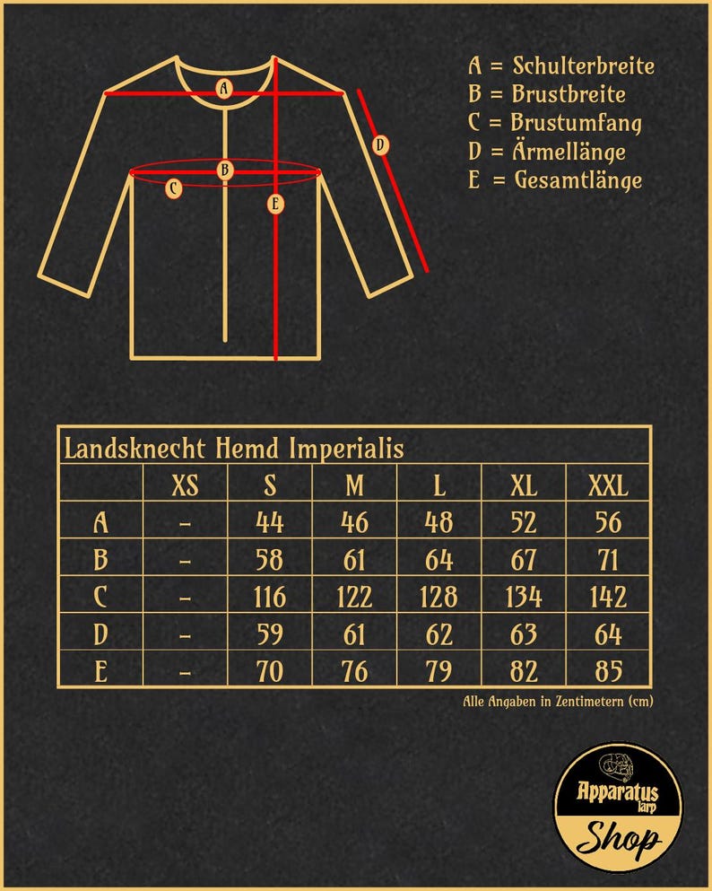 May include: A size chart for a Landsknecht Hemd Imperialis shirt, showing measurements in centimeters for shoulder width, chest width, chest circumference, sleeve length, and total length. The chart includes sizes XS, S, M, L, XL, and XXL.