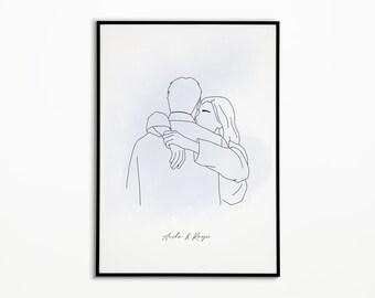 Custom Couple Portrait with One Line Art Drawing for Valentines Day, Custom Name Portrait, Sketch from Photo, Best Special Gifts for Her