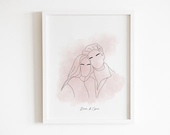 Custom Couple Portrait with One Line Art Drawing for Valentines Day, Custom Name Portrait, Sketch from Photo, Best Special Gifts for Her