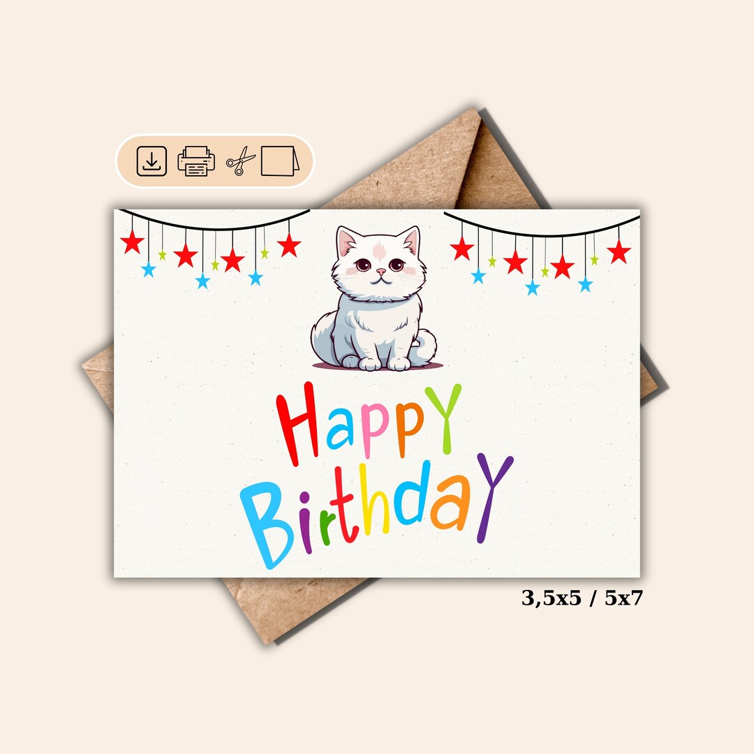 Printable Cat Birthday Card Digital Birthday Card Cat - Etsy