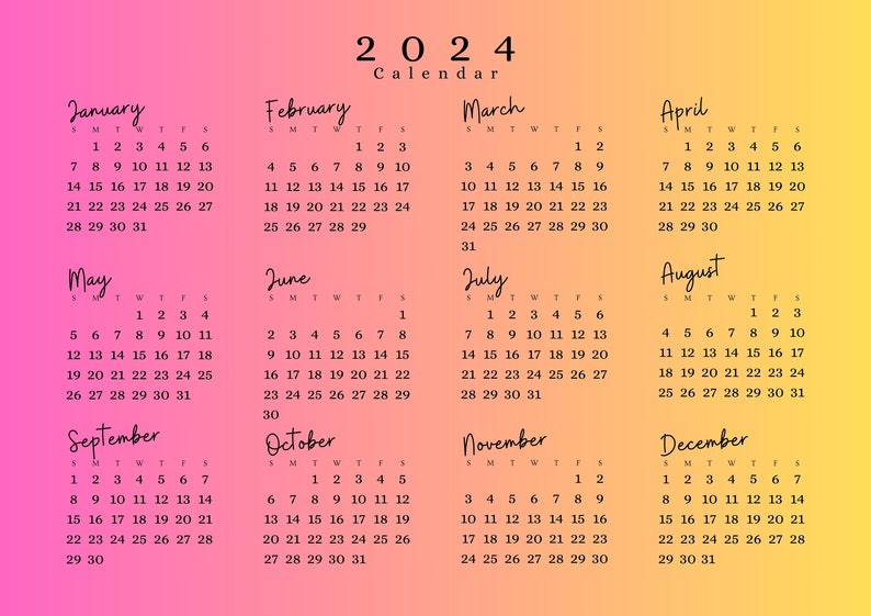 2024 Calendar 2024 Monthly Planner Landscape Handwriting 2024 A3A4