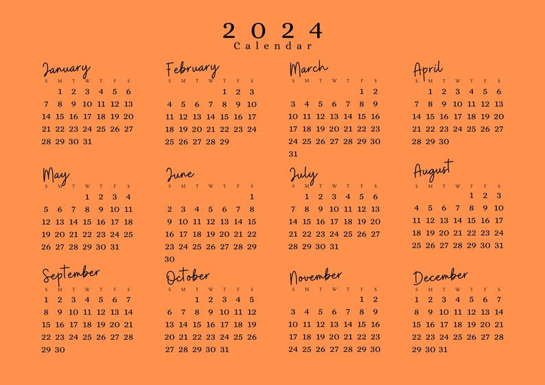 2024 Calendar 2024 Monthly Planner Landscape Handwriting 2024 A3A4