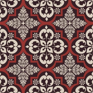 May include: A repeating pattern featuring cream-colored damask floral motifs and stylized scrollwork set against a deep dark brown background, accented by bold red geometric shapes that frame the intricate botanical elements throughout.