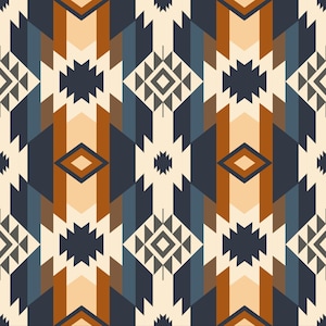 Könnte beinhalten: Ein nahtloses Muster mit einem geometrischen Design in Braun-, Blau- und Beigetönen. Das Muster enthält sich wiederholende Formen und Linien, die ein visuell interessantes und komplexes Design erzeugen.