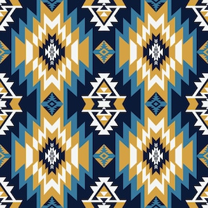 May include: A repeating textile pattern featuring a dark navy blue background with large, symmetrical geometric diamond shapes in mustard yellow, white, and light blue. The design includes smaller diamond accents and sharp, angular zig-zag lines.