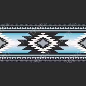 Puede incluir: Patrón geométrico con una forma de diamante central en blanco, gris y negro, sobre un degradado azul claro. El diseño está bordeado por líneas en zigzag blancas sobre un fondo negro, creando una estética del suroeste.