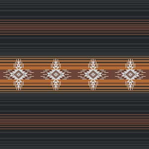 May include: A seamless pattern featuring horizontal stripes in shades of black, brown, and orange. The design includes a central band with repeating geometric diamond shapes in white, brown, and orange, creating a Southwestern or Native American aesthetic.